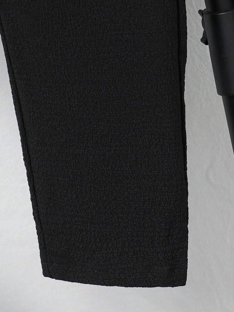 Tween Boy Casual Ribbad Tyg Kortärmad Skjorta Och Långbyxa Set, Lämplig för pendling, Skola, Daglig Casual, Sport, Vår/Sommar - Svart - Visa 6