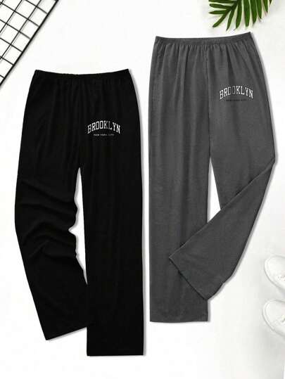SHEIN 2 шт. Мужские пижамные штаны прямого покроя с буквенным принтом и эластичным поясом, свободные, осенне-зимняя одежда