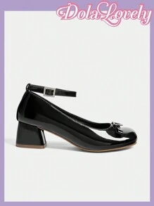 Dola Lovely 圆头低跟蝴蝶结后系带粗跟女式高跟鞋春季鞋春假复活节 - 黑色 - 查看 8