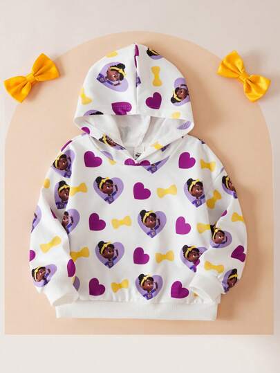 Blippi X SHEIN sweat-shirt à capuche ample avec impression d'un personnage de dessin animé de jeune fille avec cœur violet et nœud sur l'ensemble, pour l'automne/hiver