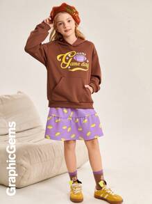 Tween Girls Graphic Print Long Sleeve Hoodie Sweatshirt And Ruffle Hem Mini Skirt 2 Pieces Set, Casual, Autumn/Winter - Multicolor - View 6