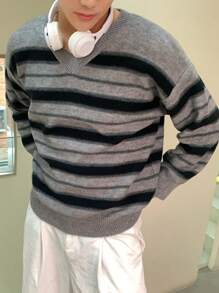 Manfinity Dauomo Jersey holgado de cuello en V a rayas de manga larga para hombre, otoño/invierno