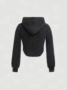 SHEIN Tween Girls Black Denim Elastic Tight Hooded Top