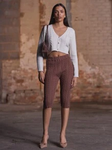 MUSERA Cable Knit Capri Sweater Pants - Brown - View 1