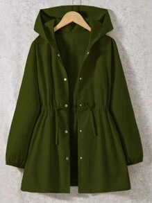 SHEIN Teen Girls Plain Color Drawstring Hooded Casual Commuting Jacket, Autumn