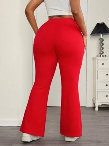 SHEIN ICON 大码女式破洞休闲牛仔裤，简约时尚，适合日常穿着 - 紅色 - 查看 2