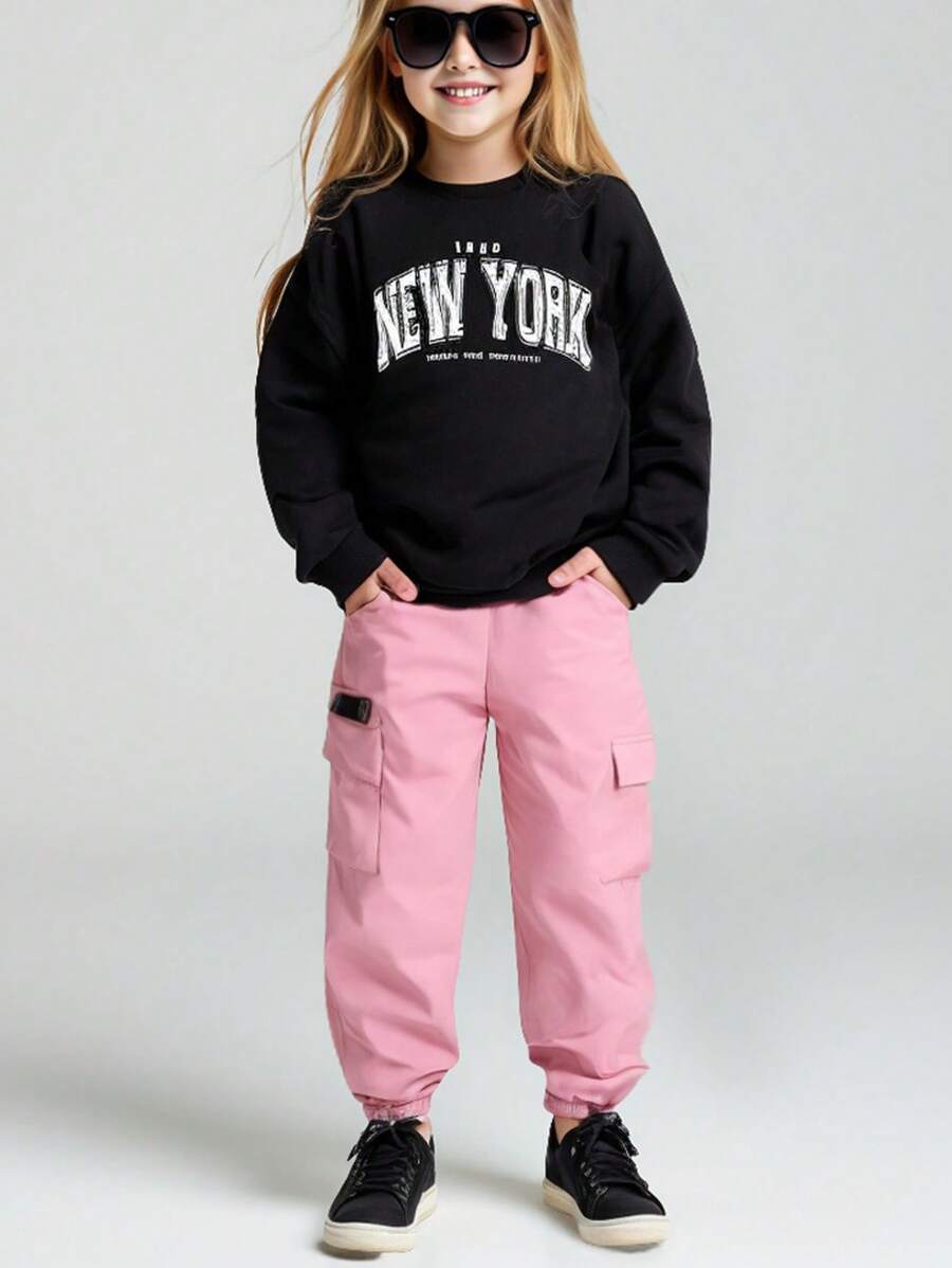 SHEIN Tween Girl Fashionable Knitted Crew Neck Pullover Hoodie & Wide-Leg Pants 2pcs Set - Pink - View 1