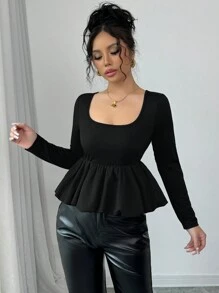 Chiquease تيشيرت كاجوال فضفاض بأكمام طويلة وياقة على شكل حرف U للنساء، ألوان سادة، خريفي - الأسود - مشاهدة 3