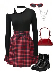 SHEIN Explorewe Set da 2 pezzi per ragazze adolescenti composto da maglietta a maniche lunghe con scollo profondo e gonna mini a quadri con fiocco, adatto per raduni e feste