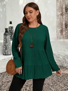 EMERY ROSE Plus Size Solid Color Round Neck Long Sleeve Pleated Minimalist Blouse, Casual Everyday Wear, Autumn&Winter Women Clothes - Dark Green - View 4