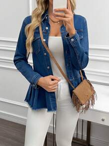 SHEIN LUNE جاكيت جينز كاجوال للنساء، أزرار وحيدة الصدر ، ذات أكمام طويلة وهدب مطوي مناسبة للموسم الخريفي - الأزرق - مشاهدة 1