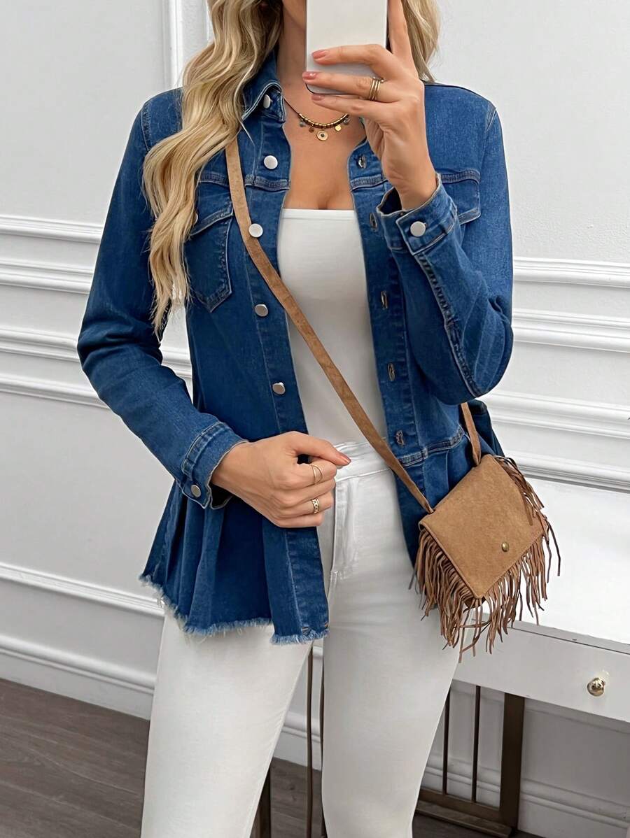 SHEIN LUNE جاكيت جينز كاجوال للنساء، أزرار وحيدة الصدر ، ذات أكمام طويلة وهدب مطوي مناسبة للموسم الخريفي - الأزرق - مشاهدة 1