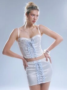 MUSERA Chân váy ngắn corset bằng satin phối ren tương phản, thích hợp cho sinh nhật, phong cách Y2K, mùa hè, kỳ nghỉ, lễ hội, tiệc tùng thanh lịch. - trắng - Xem 1