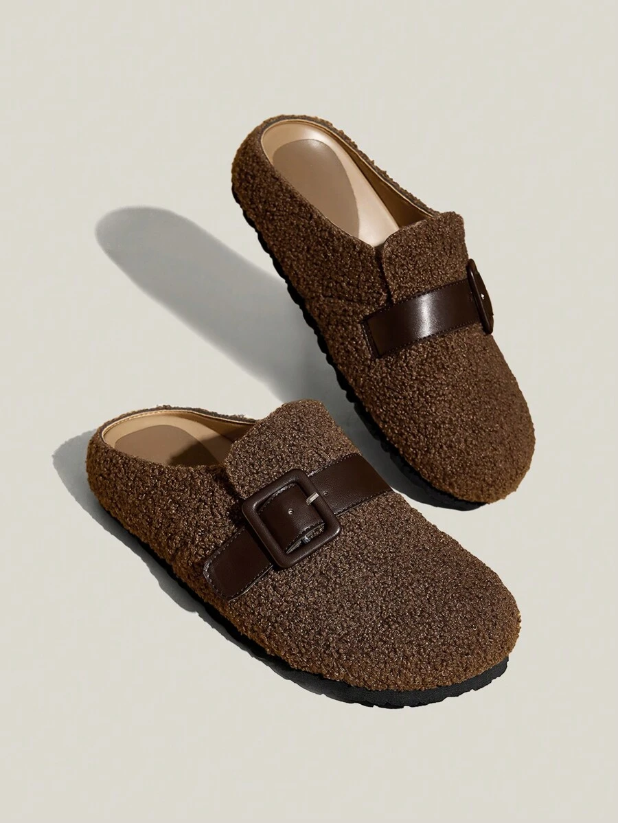 Solecia 女士休闲绵羊毛扣平底乐福鞋，圣诞节和新年假期氛围秋冬季日常穿着 - 棕色 - 查看 1