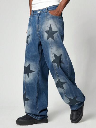 Street Life Men's Casual Distressed Color Block Star Print Baggy Denim Jeans