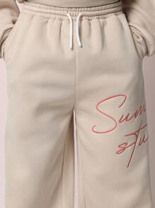 SUMWON 时尚字母 Logo 连帽卫衣运动裤套装，可搭配穿着，宽松舒适，适合秋冬季日常穿着，街头风刺绣字母，适合青少年女孩度假穿着 - 杏色 - 查看 7