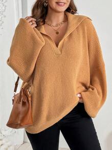 SHEIN VCAY 大码水手领半拉链套头毛衣 - 棕色 - 查看 6