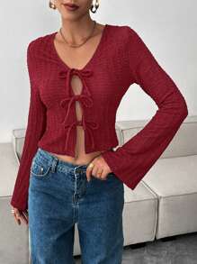SHEIN Essnce Women Burgundy Red Front Tie Long Sleeve T-Shirt,Elegant Autumn Casual Tops,Seksi Chic Night Out Y2k Style,Fashionable Crochet Textured Winter Clothes - Burgundy - View 1