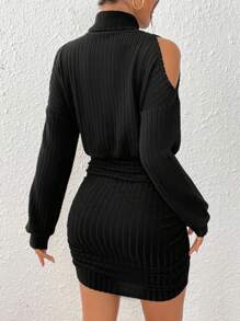 INAWLY Women Solid Color High Collar Off Shoulder Long Sleeve Ruffle Mini Dress For Fall - Black - View 2