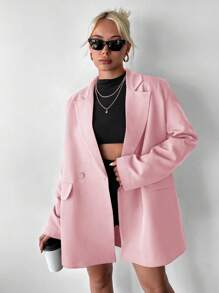 SHEIN 大尺碼女款純粉色雙排扣休閒翻領簡約職場西裝外套 - 淺粉色 - 查看 1