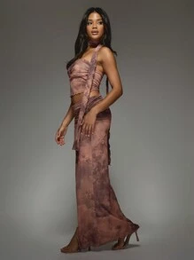 MISSGUIDED Printed Mesh Ruched Bandeau Top And Drape Maxi Skirt Two Piece Co Ord Set With Scarf - Multicolor - View 4