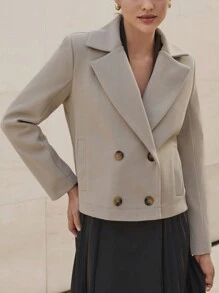 EURMUSE Urban Chic Double-Breasted Cashmere-Like Short Women's Coat - Beige - View 2