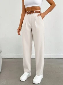 EURMUSE Women Solid Color Pleated Straight Loose Daily Casual Commuting Long Pants - Cream - View 5