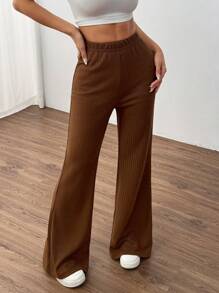 SHEIN Unity 女士纯色松紧腰休闲裤，日常穿着 - 棕色 - 查看 6