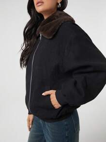 SHEIN EZwear Áo khoác thường ngày dài tay cổ lông màu đen tương phản cho nữ, mùa thu/đông - màu đen - Xem 4