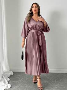 Celure Plus Size Jednolity kolor Długi rękaw Przód Wiązana Sukienka Casualowa Długa