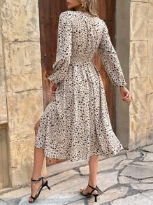 SHEIN Frenchy 女士碎花 V 领灯笼袖侧开衩中长连衣裙，优雅度假