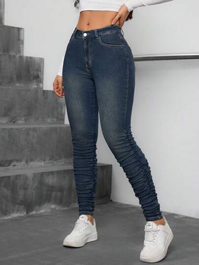 SHEIN ICON Women's Casual Front Button Pocket Simple Denim Long Pants