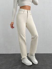 EURMUSE 100%Cotton Slant Pocket Straight Leg Jeans - Beige - View 3