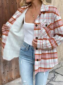 INAWLY Women's Plaid Drop Shoulder Long Sleeve Single-Breasted Utility Pocket Casual Jacket For Autumn/Winter/Spring Fall Cloth For Women - Orange - View 3