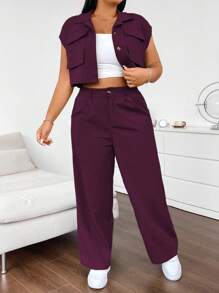 Flirla 2pcs/Set Sleeveless Loose Multi-Pocket Shirt & Casual Cargo Pants Set - Purple - View 7