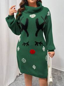 SHEIN LUNE Plus Size Christmas Reindeer Pattern Batwing Sweater Dress For Winter - Green - View 1