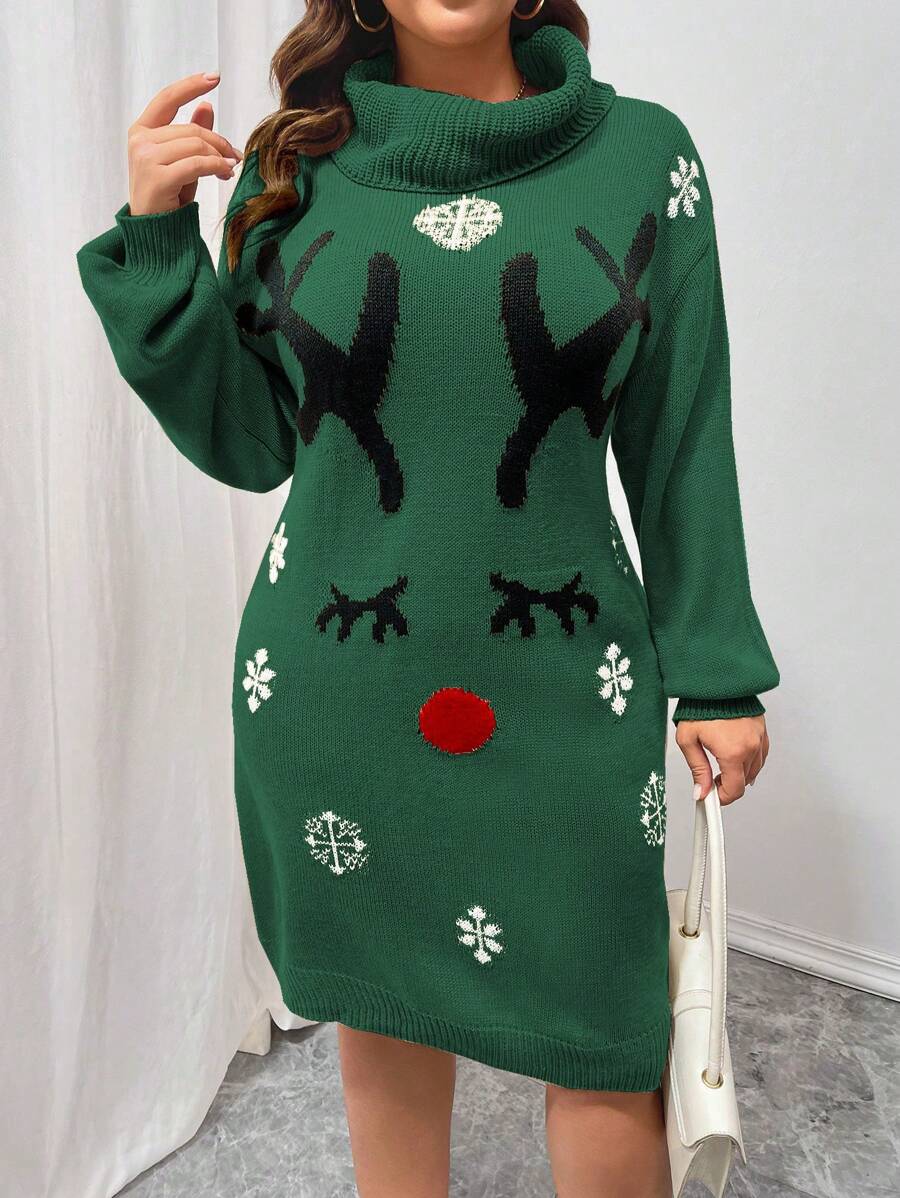 SHEIN LUNE Plus Size Christmas Reindeer Pattern Batwing Sweater Dress For Winter - Green - View 1