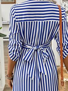 Pariaura 蓝白条纹法式扭纹前缩装饰中长袖女式夏季长裙配扣长款女装 - 藍色 - 查看 7