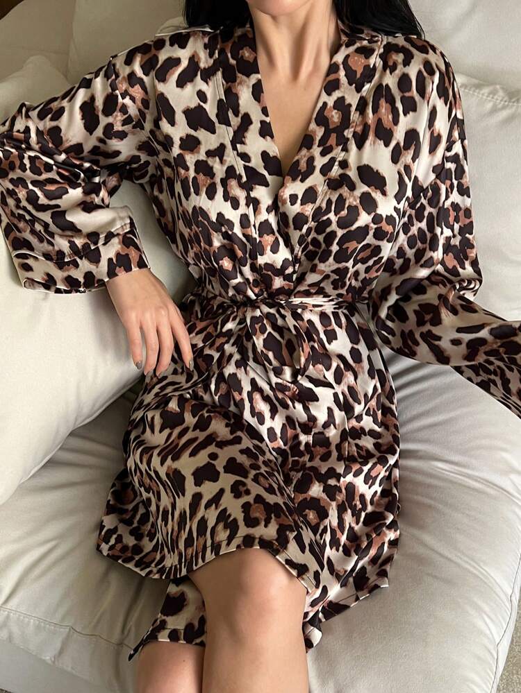 Women Leopard Print Front Tie Long Sleeve Sleepwear Robe, Casual For Daily Wear Pajama