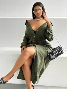 Maweii Plus Size Solid Color Button Front Long Sleeve Casual Dress Maxi Women Outfit Fall Cloth For Women - Green - View 6