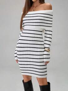 SHEIN Unity Women Casual Colorblock Stripe Off Shoulder Long Sleeve Bodycon Sweater Dress, Fashionable & Sexy - Black and White - View 3