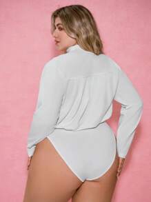 SHEIN EZwear Plus Size Solid Color Halter V-Neck Long Sleeve Bodysuit - White - View 2