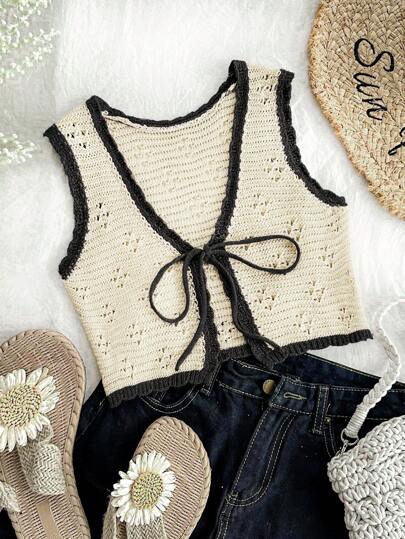 Soleia 大码女士度假、返校、秋装 - 拼色宽松针织毛衣背心