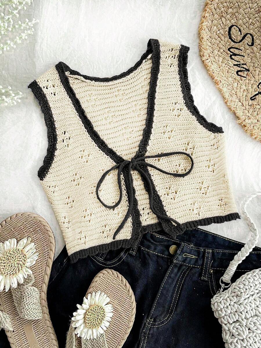 Soleia 大码女士度假、返校、秋装 - 拼色宽松针织毛衣背心 - 彩色 - 查看 1