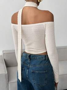 SHEIN Essnce Women Simple Off Shoulder Long Sleeve Solid Color Casual T-Shirt - White - View 5