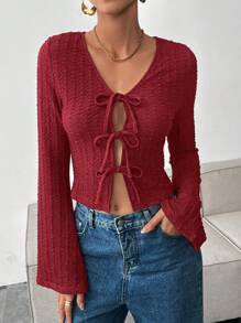 SHEIN Essnce Women Burgundy Red Front Tie Long Sleeve T-Shirt,Elegant Autumn Casual Tops,Seksi Chic Night Out Y2k Style,Fashionable Crochet Textured Winter Clothes - Burgundy - View 6