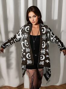 Flirla Plus Size Allover Print Asymmetrical Hem Tassel Decor Casual Cardigans - Coffee Brown - View 7