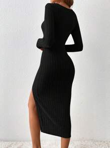 SHEIN Frenchy Vestido ajustado con abertura en el cuello y el muslo, falda larga negra cuadrada - Negro - Ver 2