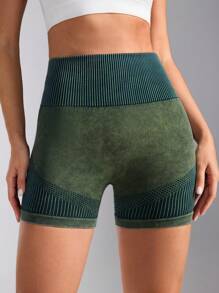 SHEIN Sports Women High Waist Striped Patchwork Casual Sports Shorts Spandex Short - Army Green - View 2