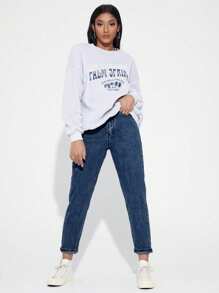 Women's Casual Distressed Tapered Leg Denim Jeans - Dark Wash - View 3